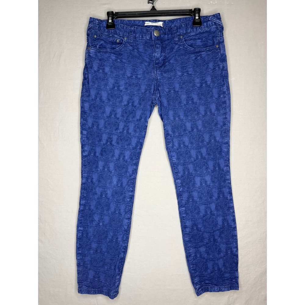 Free People Real Skinny Floral Jacquard Blue Pants Size 30 Textured Mid Rise
